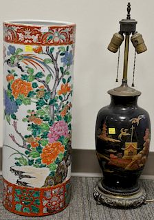 Two piece lot to include rose famille umbrella holder (ht. 21 1/2in.) and Japanese Satsuma vase made into a lamp (total ht. 2