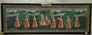 Tibetan mixed media painting on cloth of eight girls with a goddess figure. sight size 17 1/2" x 58 1/2"