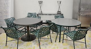 Group of outdoor furniture including eight chairs, glass top table (ht. 26 1/2 in., dia. 47 in.), glass serving table, three 