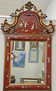 Chinoiserie decorated red framed mirror. 55" x 35"