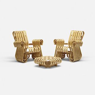 Frank Gehry, Power Play lounge chairs pair with ottoman