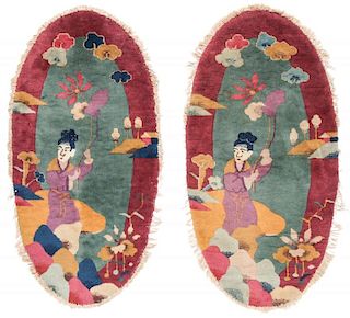 Pair of Oval Art Deco Pictorial Rugs, China 2'1'' x 3'11''