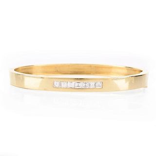 Vintage Cartier 18 Karat Yellow Gold and Square Cut Diamond Hinged Bangle Bracelet. Signed, stamped