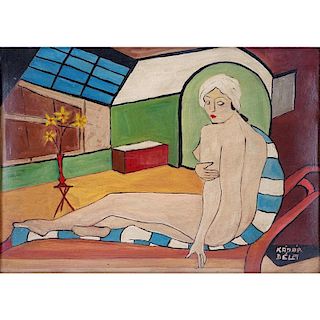 Attributed to: Bela Kadar, Hungarian  (1877-1956) Oil on cardboard "Nude In Room" Signed lower righ