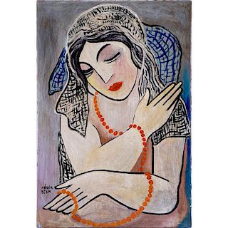 Attributed to: Bela Kadar, Hungarian  (1877-1956) Oil on canvas "Woman With Beads" Signed lower lef