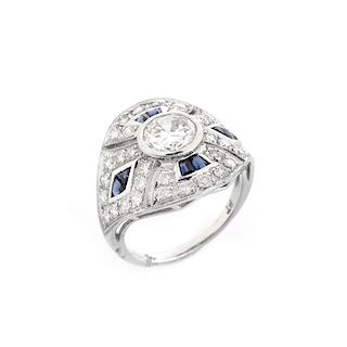 Art Deco style Diamond, Sapphire and Platinum Ring set in the Center with Round Brilliant Cut Diamo