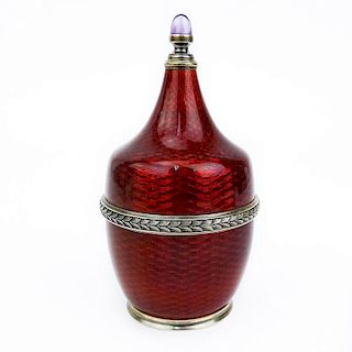Fine Russian Faberge 88 Silver and Guilloche Enamel Perfume Bottle with Cabochon Amethyst Accent. S