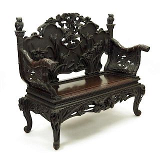 Japanese Export Hardwood Bench with Richly Carved Bamboo, Iris, Water Lily and Peony Motif and Owl