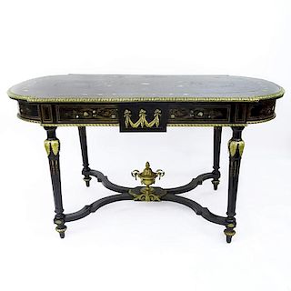 American Renaissance Gilt Bronze Mounted Mother of Pearl and Ebonized Library Table. Circa 1860. Le