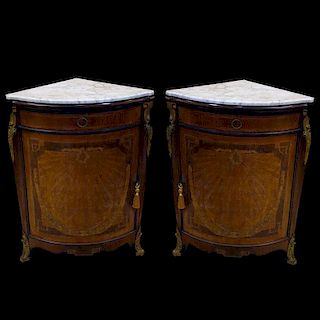 Pair of Gilt Bronze Mounted Mahogany and Inlaid Marquetry Inlaid Encoignures (corner cabinets) with