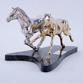 Important Asprey & Co. Sterling Silver and Vermeil Horses Sculpture Mounted on Marble Base. Hallmar