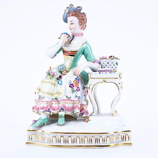 Antique Meissen Porcelain Figurine "Seated Young Lady". Signed with crossed sword mark. Minor losse