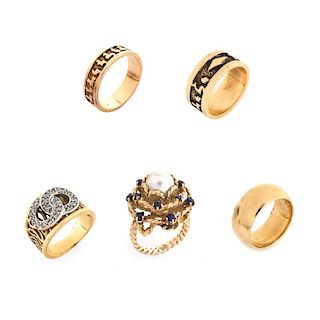 Collection of Five (5) Vintage 14 Karat Yellow Gold Rings, One with small Diamond Accents, one with