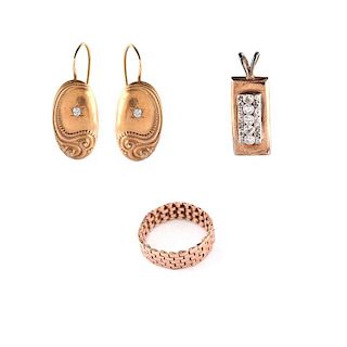 Antique 14 Karat Gold Lot Including a Yellow Gold Pendant with Diamonds, a Flexible Link Rose Gold
