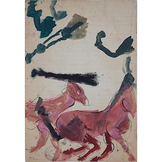 Mid-Century Ink and Watercolor On Lined Paper "Horses". Signed F. Pini, bears stamp dated 1957. Ton