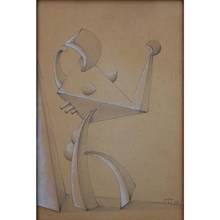 Mid-Century Surrealist School Pencil and White Chalk On Tan Paper "Abstract". Signed M.T. 58 lower