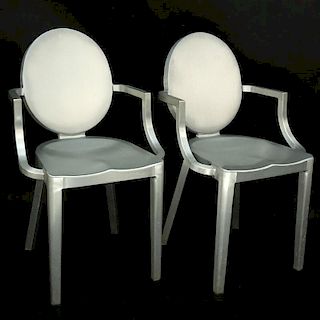 Two (2) Phillippe Starck for Emeco Brushed Aluminum Kong Armchairs. Marked. Good condition. Measure