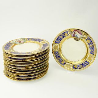 Twelve (12) Fine Hutschenreuther Early 20th Century Hand Painted Cabinet Plates. The rims cobalt bl