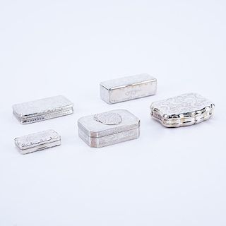 Collection of Five (5) Chased Continental Silver Miniature Boxes. Various marks. Good condition. La
