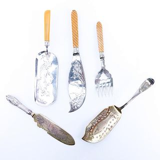 Collection of Five (5) Antique Silver Plate Serving Utensils. Includes: crumber, fish knife and for