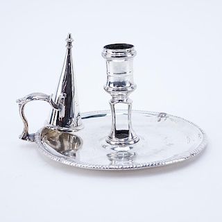 Early 20th Century English Silver Candleholder With Snuffer. Signed with English hallmarks, London