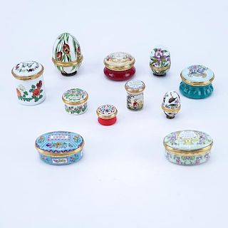 Collection of Eleven (11) Modern English Enamel Miniature Boxes, Some Musical. Signed. Two with sma