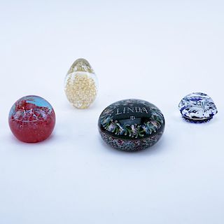 Lot of Four (4) Art Glass Paperweights. Includes Cartier, Baccarat, Caithness. Signed. Good conditi