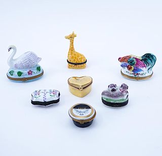 Collection of Seven (7) Vintage French Miniature Porcelain Trinket Boxes. Various subjects. Most si
