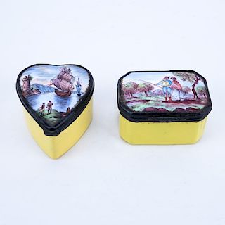 Two (2) Early English Enamel Patch Boxes. Possibly 18th Century Bilston. Unsigned. Condition commen