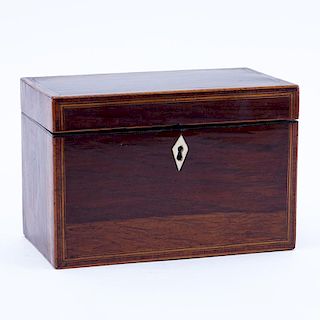 Antique English Banded Inlaid Tea Caddy. Unsigned. Good Condition. Measures 5" H x 7-3/8" W x 4-1/8