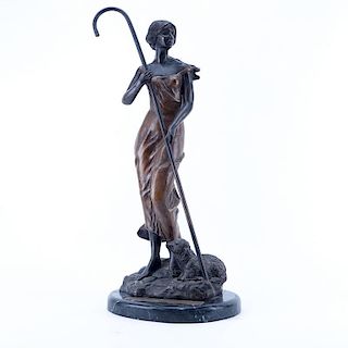 Modern Colombian Bronze Figure Of A Woman With A Staff And Lamb. Unsigned. Good condition. Measures