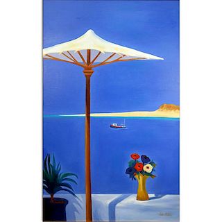 After: John Miller, British (1931-2002) Oil on Canvas, Terrace with Sun Umbrella. Bears signature l