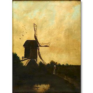 Antique Oil on Canvas, Windmill at Sunset, Unsigned. Fading and yellowing to canvas otherwise good