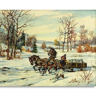 Austrian Oil on Canvas, Horse Drawn Sled with Dog, Signed Lower Right. Good condition. Canvas measu