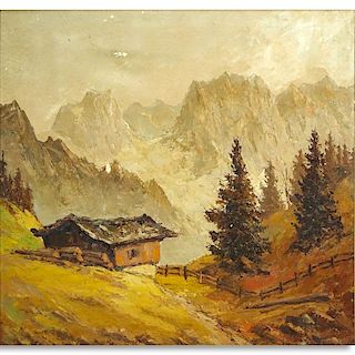 Josef Lartz (19th/20th C.) Oil on Canvas, Landscape Scene with Cottage, Signed Lower Left. Tag with