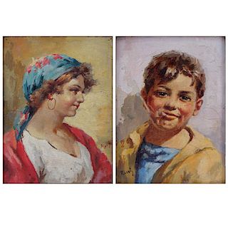 Pair of Italian Oil on Board Paintings, Young Boy and Girl, Signed Rossi. Craquelure to paint other