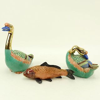 Three (3) 20th Century Japanese Moriage Pottery Figures. Includes: two geese figures (both stamped)