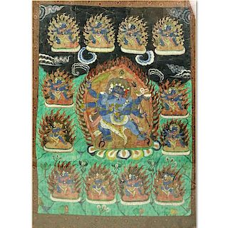 19th Century Tibetan Thangka Gouache Painting on Silk. Depicts an image of Vajrapani with consorts.