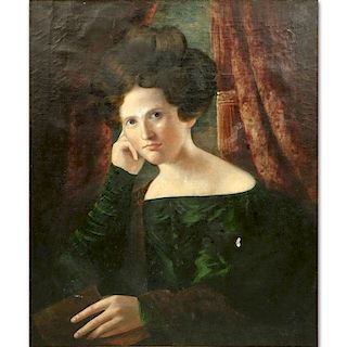 19th Century American School Portrait of a Young Woman Oil Painting. Unsigned, inscribed repainted