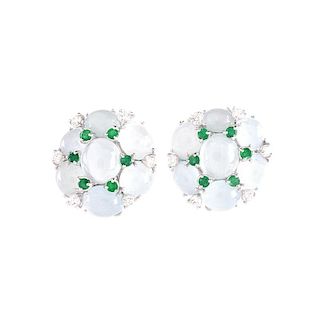 Approx. 34.50 Carat Cabochon Aquamarine, 1.0 Carat Emerald, 1.0 Carat Diamond and Platinum Earrings