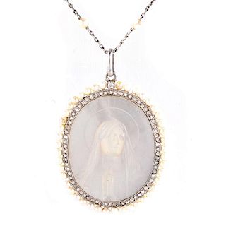 Antique Circa 1918 Platinum, Yellow Gold, Carved Mother of Pearl, Micro Pearl and Diamond Blessed V