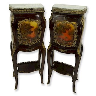Pair of 20th Century Louis XV Style and Vernis Martin Style Ormolu Mounted Green Marble Top Cabinet