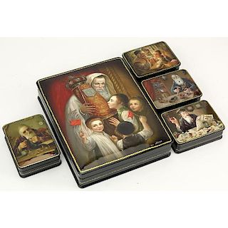 Large Russian Lacquer Box with Four (4) Smaller Boxes Inside. Depicts Judaica scenes. Artist signed