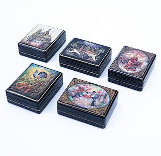 A Group of Five (5) Russian Lacquer Paper Mache Boxes. Signed to top. Good condition. Each measures