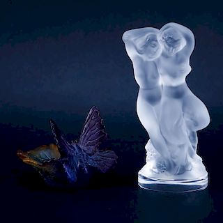 Daum Pate De Verre Butterfly On Leaf Dish and a Lalique "Le Faune" Crystal Figurine. Signed. Good c