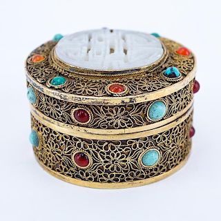 Chinese Gilt Metal Covered Box with Inset Carved White Jade and Cabochon Turquoise and Carnelian. U