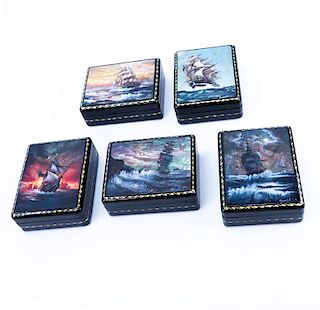 A Group of Five (5) Russian Lacquer Paper Mache Boxes. Signed to top. All depicting nautical scenes