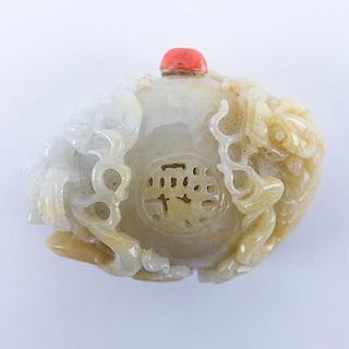 Chinese White / Celadon / Russet Jade Snuff Bottle with Relief Carved Chilong, Bat and Lotus Leaf,