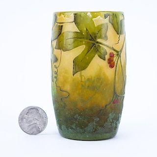 Art Nouveau Period Daum Nancy Cameo Glass Miniature Vase "Berry Vine". Signed Daum Nancy. Good Cond