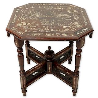 Chinese Carved Hardwood and Bone Inlay Occasional Table. Missing a portion of the gallery and accen